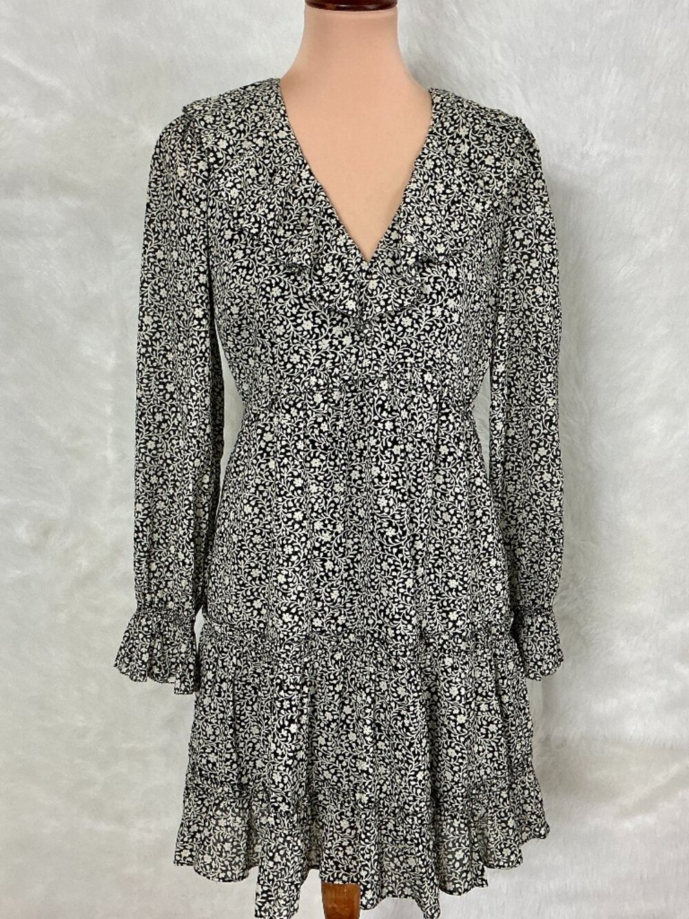 Joie Black & Ivory Floral Long Sleeve Cotton Adanson Mini Dress NWT 6